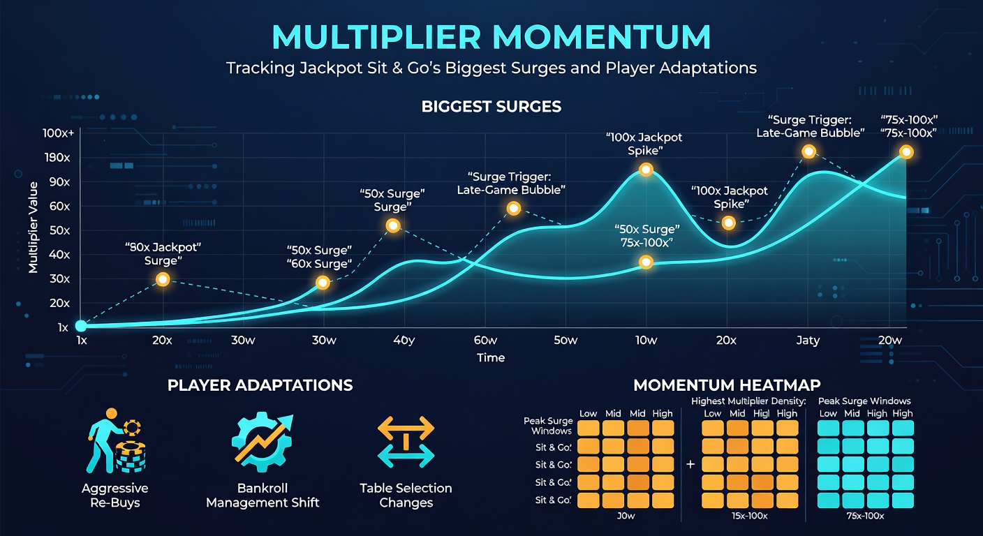 Spieler am Laptop analysieren Multiplier-Charts während eines laufenden Jackpot Sit & Go, mit Surge-Indikatoren hervorgehoben